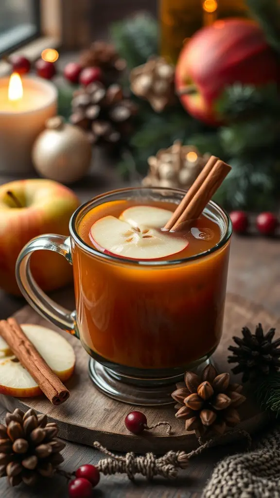 A warm cup of cinnamon apple cider with a slice of apple and cinnamon stick, surrounded by pine cones and holiday decorations.