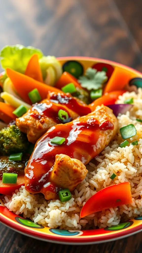 A colorful bowl of chicken teriyaki with rice and vegetables.