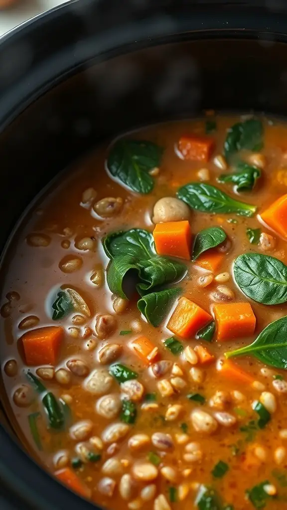 A close-up of lentil soup with spinach and carrots in a crockpot.