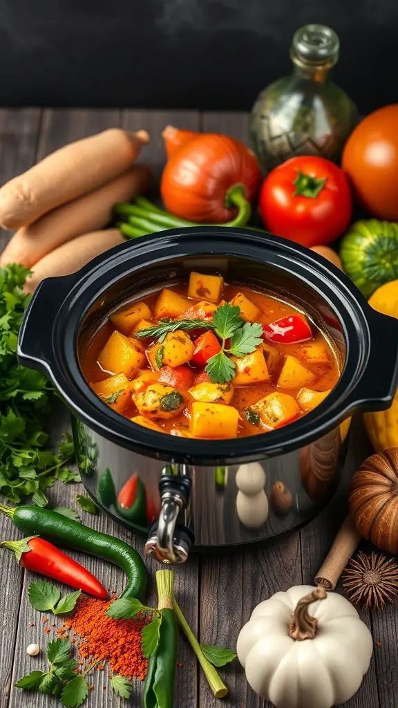 A mini crockpot filled with colorful vegetable curry, surrounded by fresh vegetables and spices.