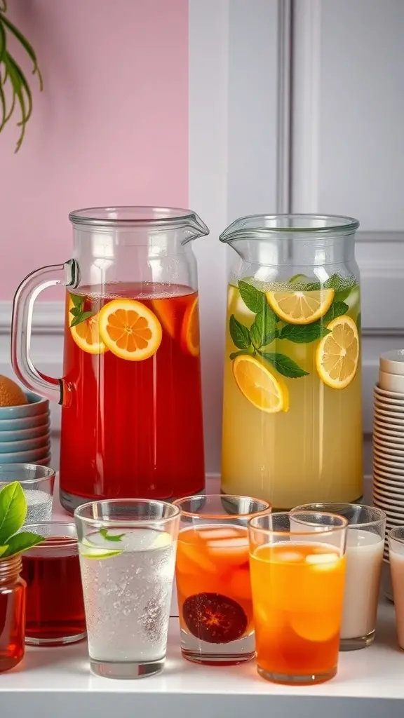 Colorful pitchers of lemonade and berry punch with various glasses of drinks on a table