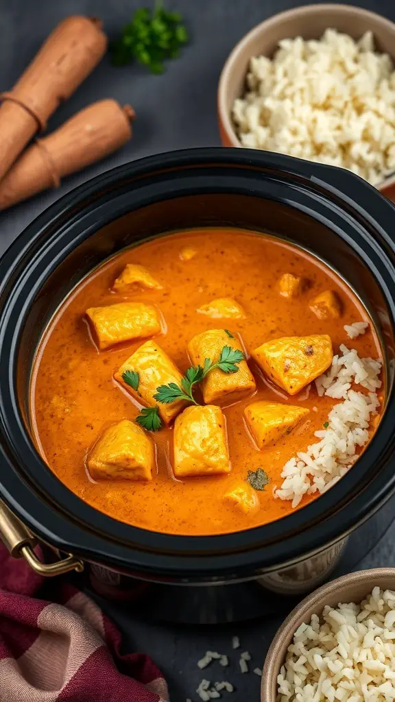 A bowl of turmeric and ginger turkey curry with rice, garnished with fresh herbs.