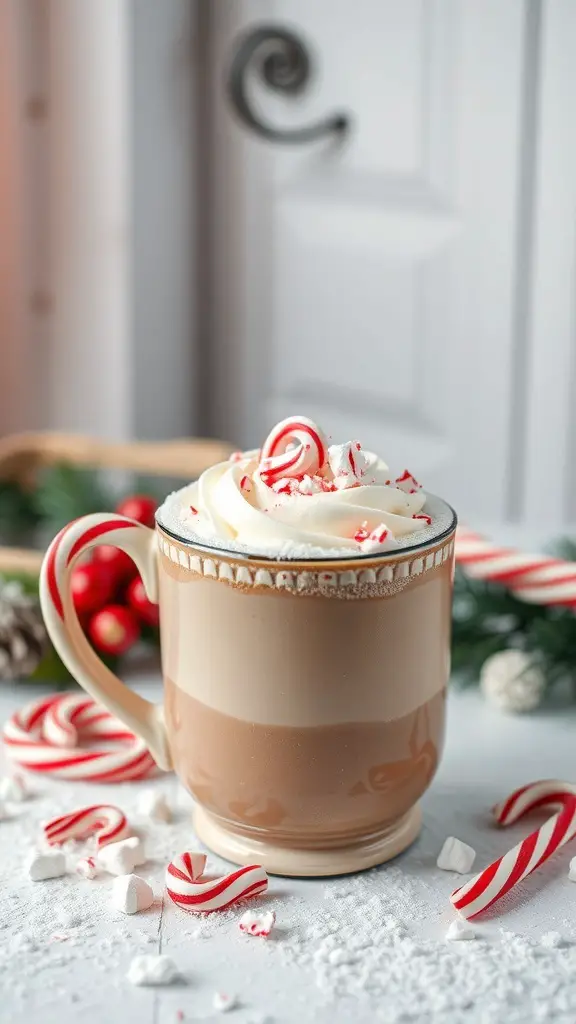 A cozy mug of peppermint hot chocolate topped with whipped cream and crushed candy canes, surrounded by festive decorations.
