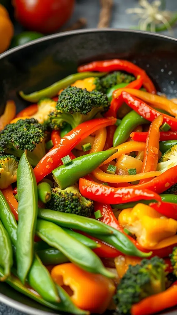 A colorful vegetable stir-fry featuring broccoli, bell peppers, and snap peas in a pan.