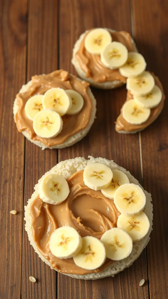 Rice cakes topped with peanut butter and banana slices