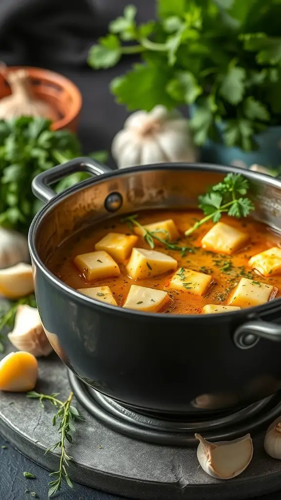 A pot of savory garlic herb fondue with cheese cubes and fresh herbs surrounding it.