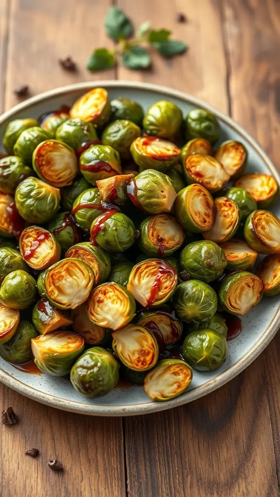 A plate of roasted Brussels sprouts drizzled with balsamic glaze on a wooden table.