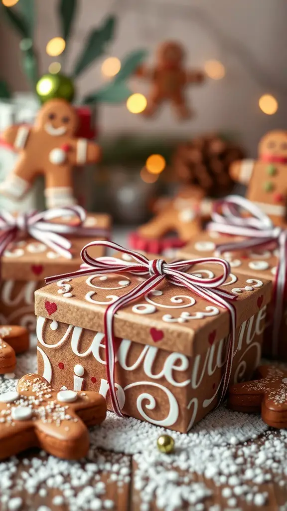 A beautifully wrapped gift box surrounded by gingerbread cookies and holiday decorations.