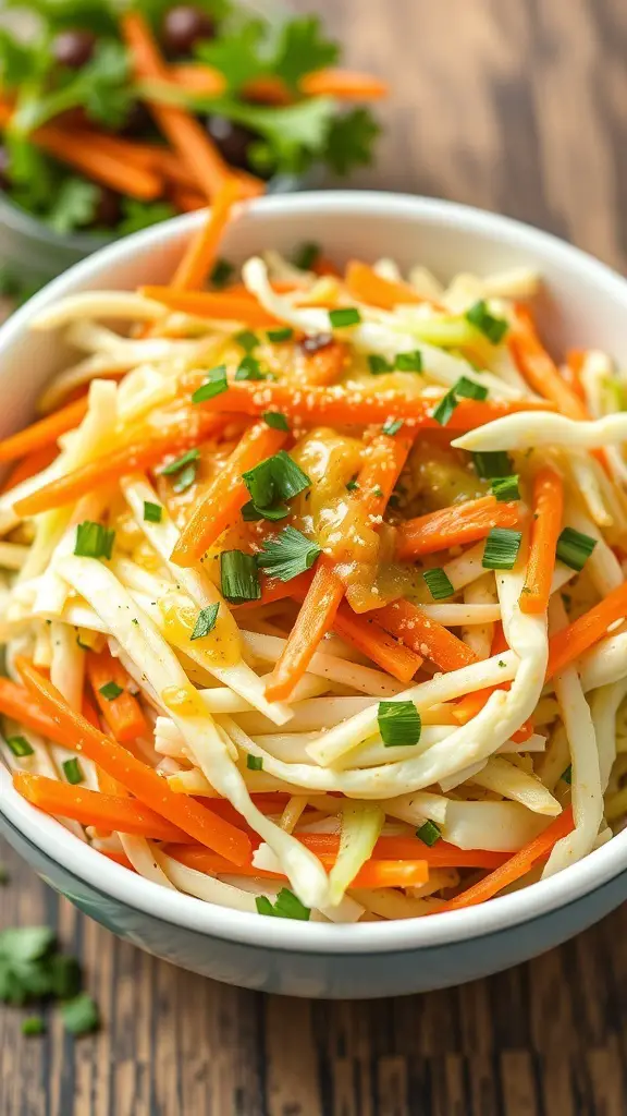 A bowl of cabbage and carrot slaw with fresh herbs on top.