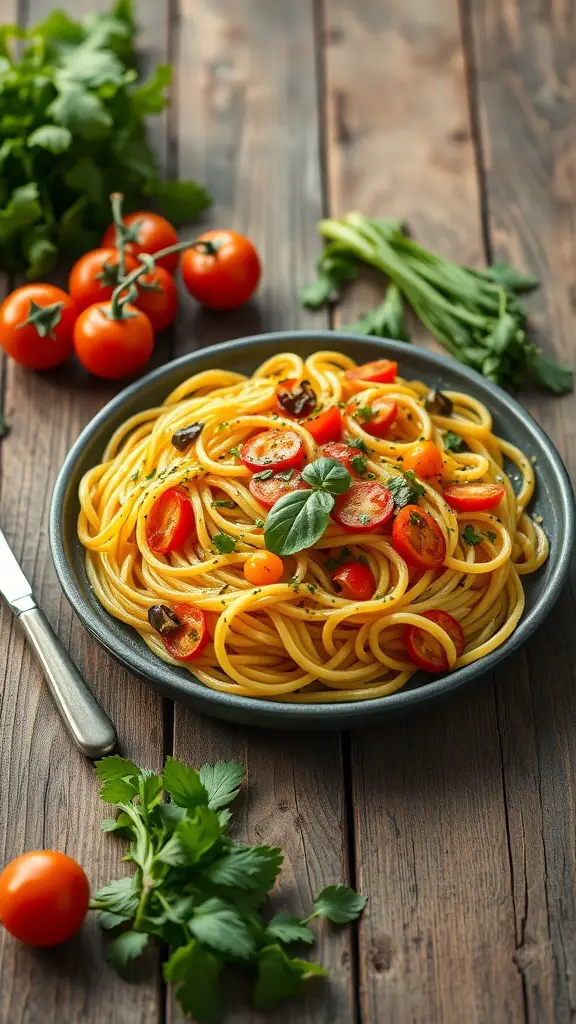 A plate of spaghetti squash primavera with cherry tomatoes and herbs on a wooden table.
