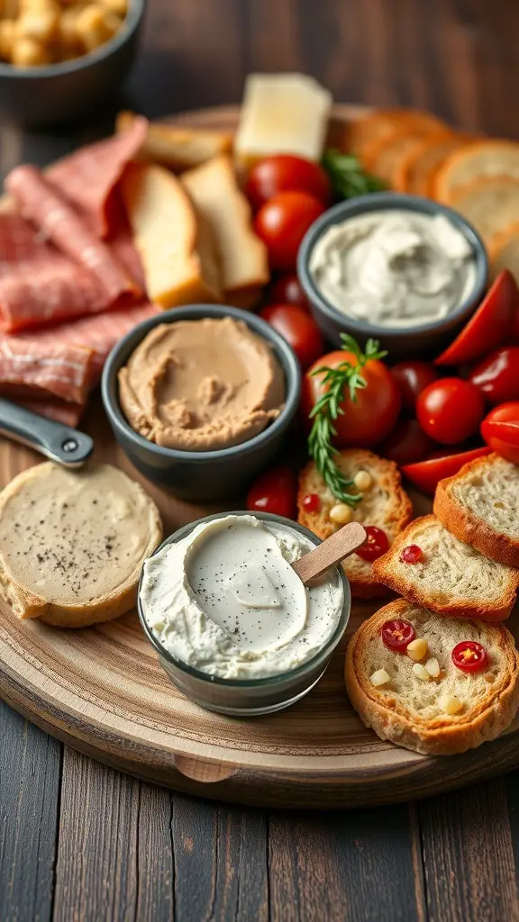 A winter charcuterie board featuring savory pâté, crostini, cherry tomatoes, and assorted cheeses.