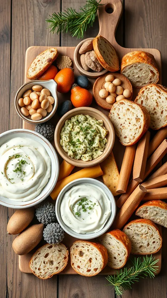 A winter charcuterie board featuring herbed bread, creamy spreads, and colorful garnishes.