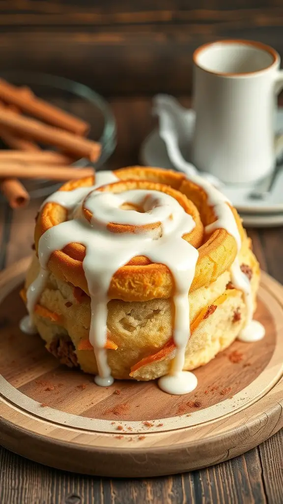 A delicious cinnamon roll cake topped with icing, served on a wooden board with cinnamon sticks and a cup of coffee in the background.