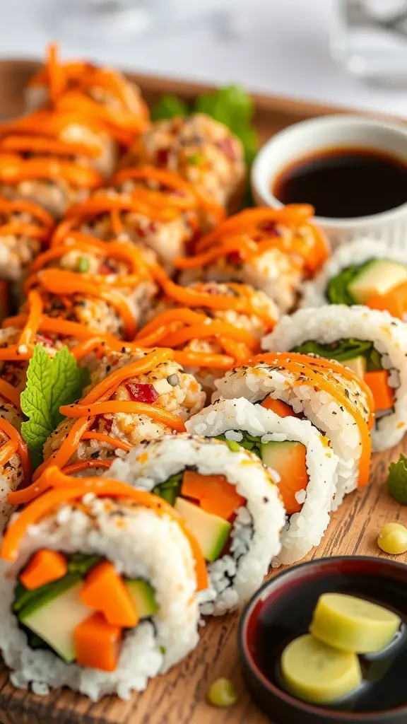 A platter of vegetable sushi rolls with colorful fillings and a side of soy sauce.