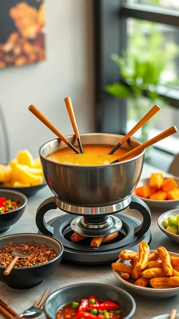 A Szechuan pepper oil fondue pot surrounded by various dipping ingredients.
