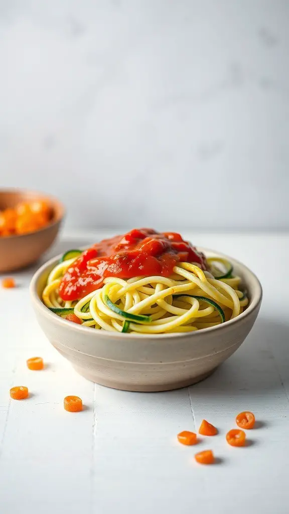 A bowl of zucchini noodles topped with marinara sauce, with some carrot pieces scattered around.