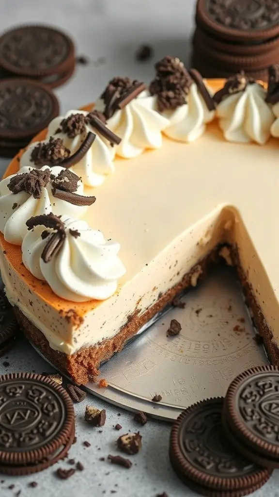 Oreo cheesecake pie with whipped cream and Oreo cookie toppings