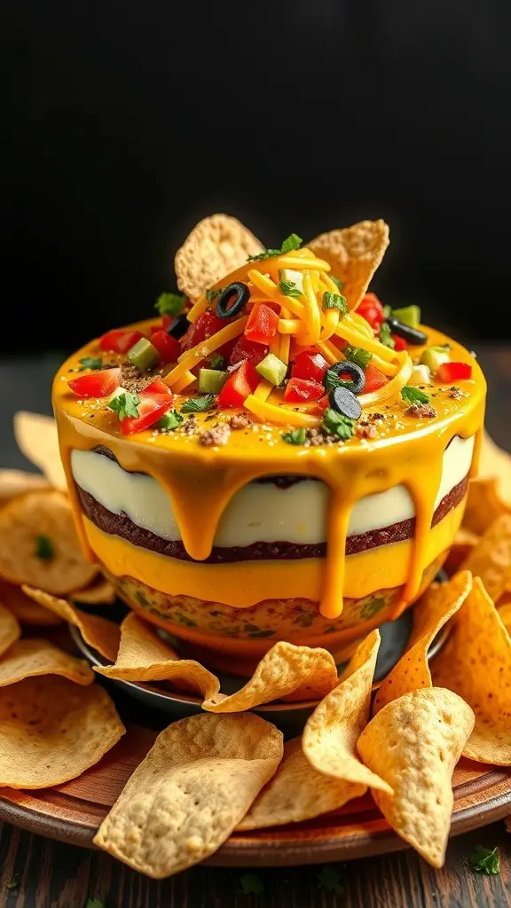 A colorful taco dip fondue with layers of cheese, beans, and fresh toppings, surrounded by tortilla chips.