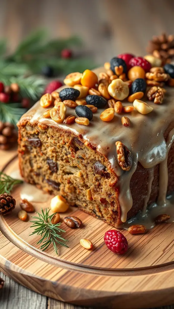 A beautifully glazed Christmas fruitcake topped with nuts and dried fruits, displayed on a wooden platter.