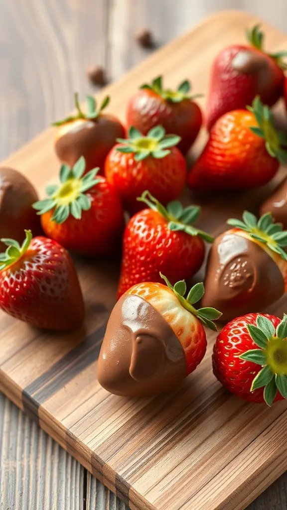A wooden platter with strawberries, some stuffed with Nutella, showcasing a delicious dessert option.