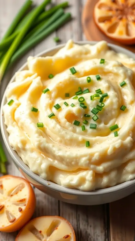 A bowl of creamy garlic mashed potatoes topped with fresh chives, with green onions and lemon slices in the background.