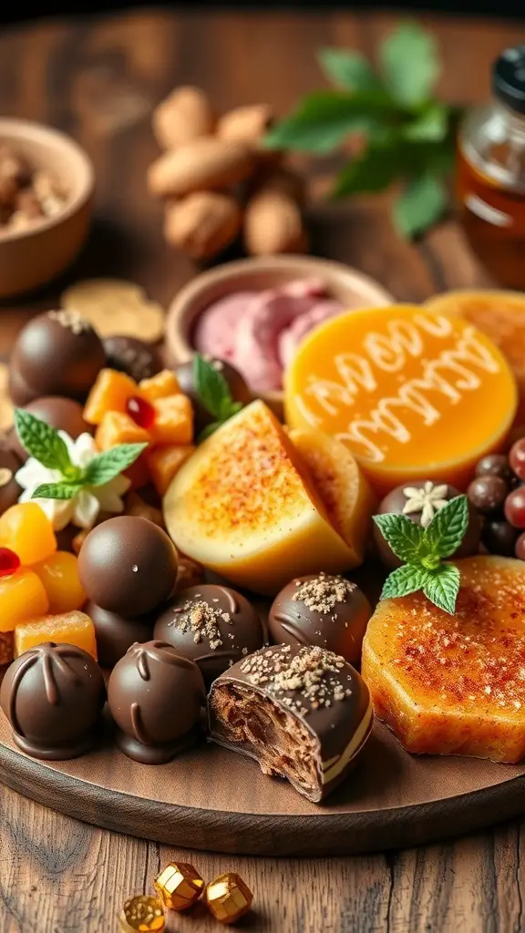 A beautifully arranged charcuterie board featuring chocolates, fruits, and cheeses.