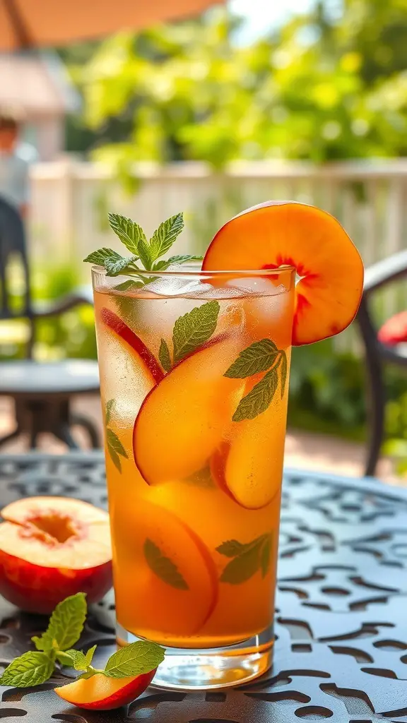 A refreshing glass of peach iced tea with mint leaves and peach slices on a table.