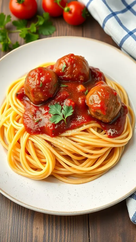 A plate of spaghetti topped with meatballs and marinara sauce, garnished with parsley.