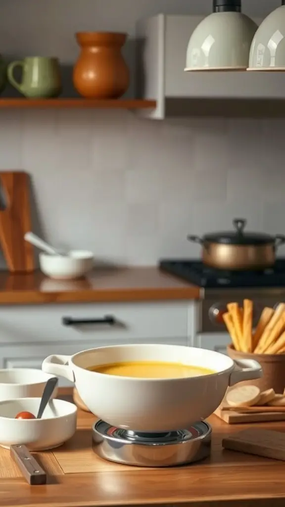 A cozy kitchen setting with a fondue pot filled with melted cheese, surrounded by dipping options like bread and vegetables.
