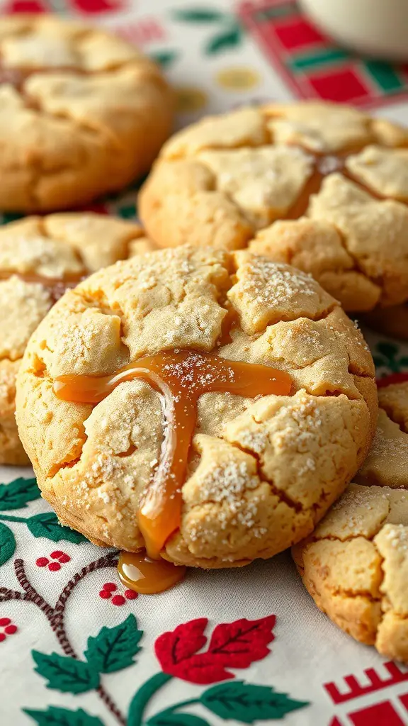 Caramel stuffed snickerdoodles on a festive tablecloth