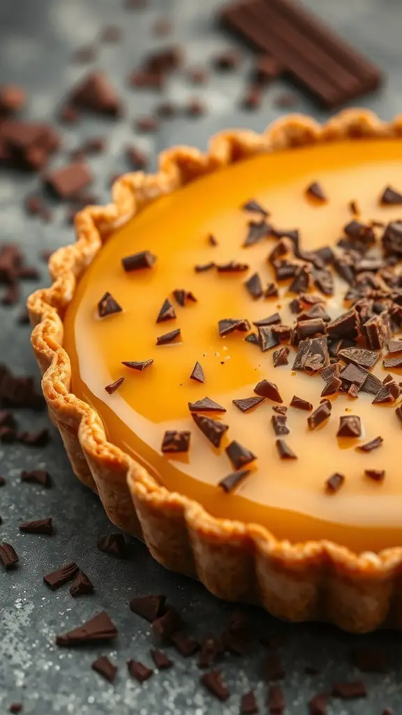 A caramel condensed milk tart topped with chocolate shavings on a dark background.
