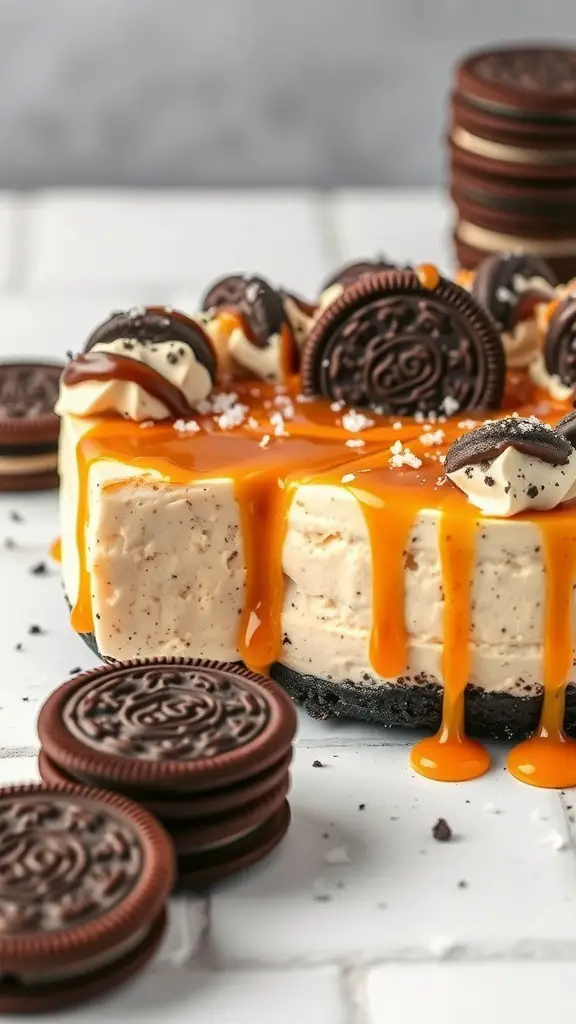 A salted caramel Oreo cheesecake with drizzled caramel and Oreo cookie toppings.