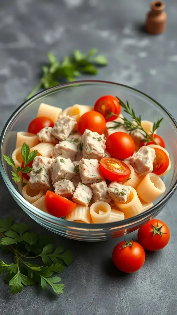 A bowl of Tuna Pasta Salad with pasta, cherry tomatoes, and tuna