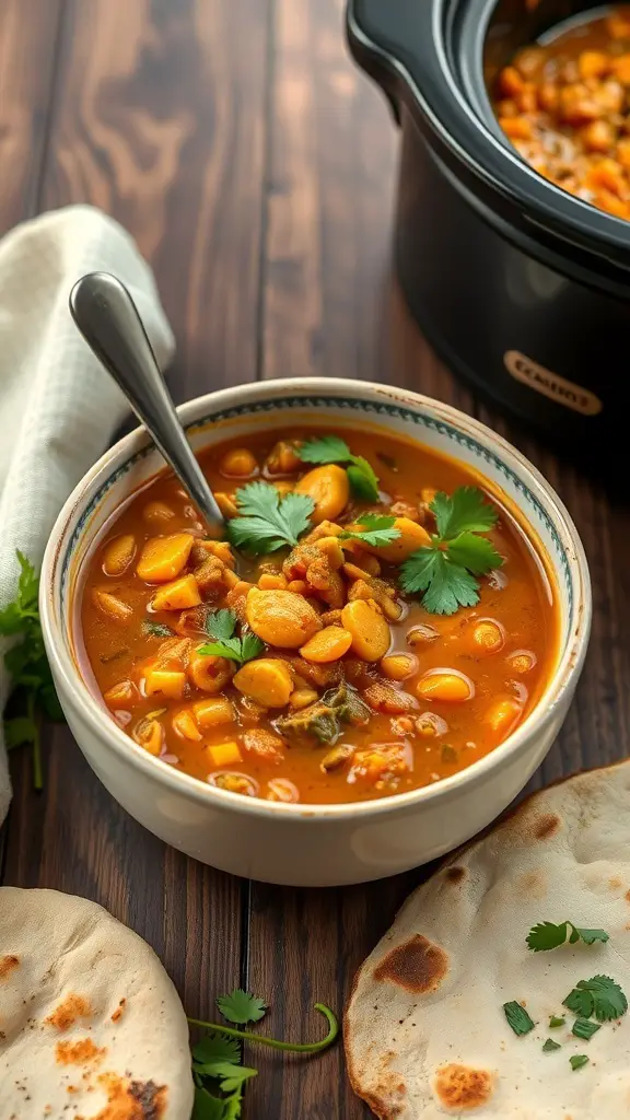 A bowl of Coconut Curry Lentil Stew with corn and cilantro, served with flatbreads on the side.