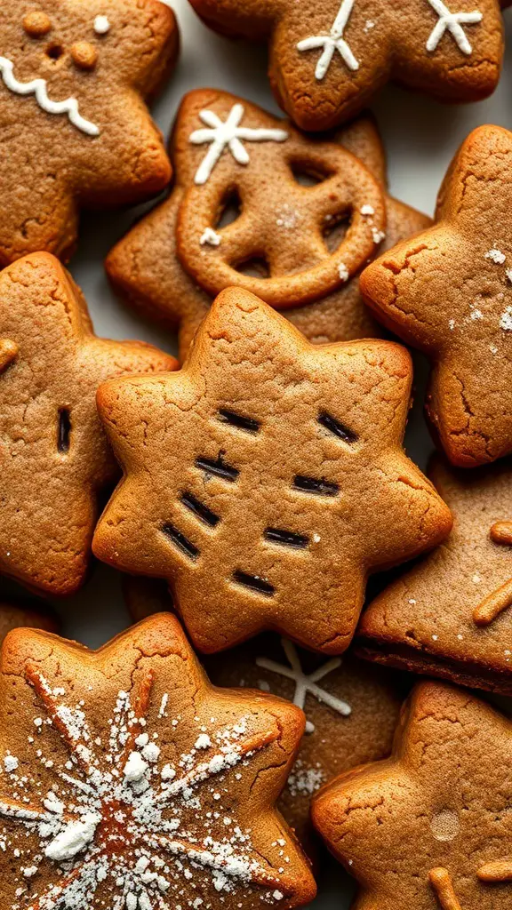 An assortment of spiced gingerbread cookies shaped like stars, decorated with icing and sprinkles.