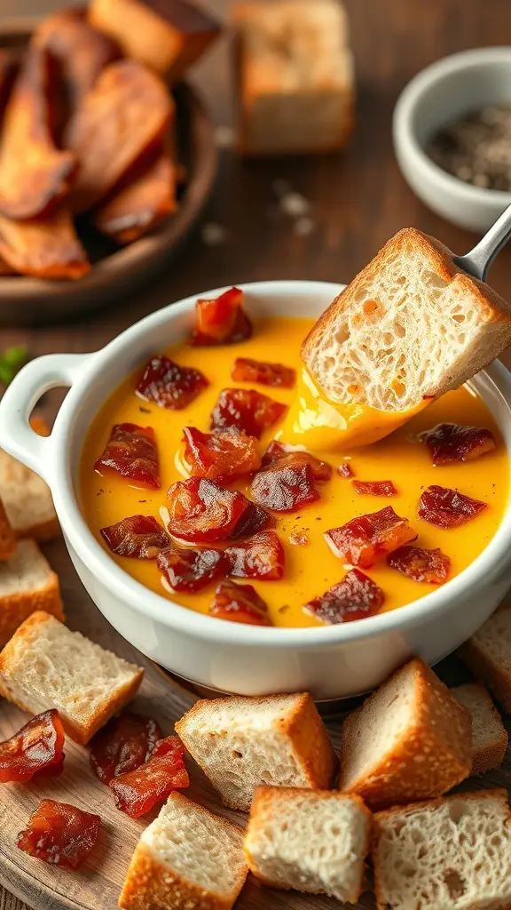 A bowl of maple bacon fondue with bread cubes for dipping.