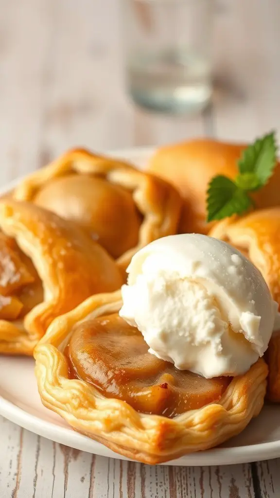 Apple cinnamon puff pastry pockets with a scoop of ice cream on top