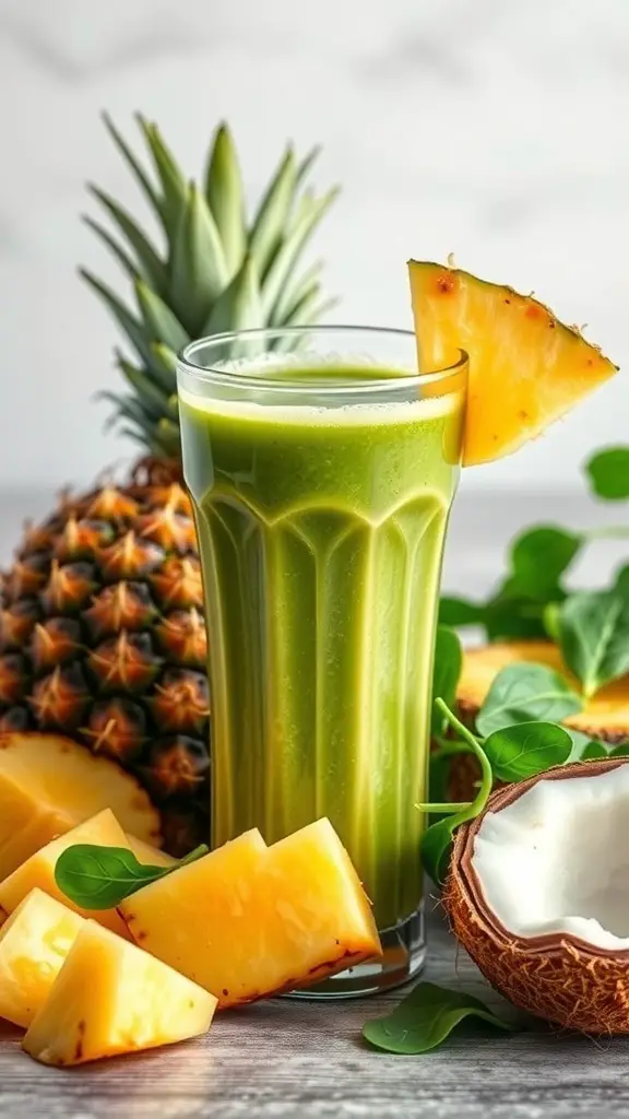 A tall glass of Tropical Green Smoothie with pineapple and coconut, surrounded by fresh pineapple chunks.