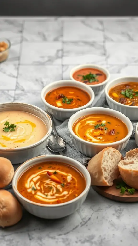 A variety of soups in white bowls with bread rolls on a marble surface.