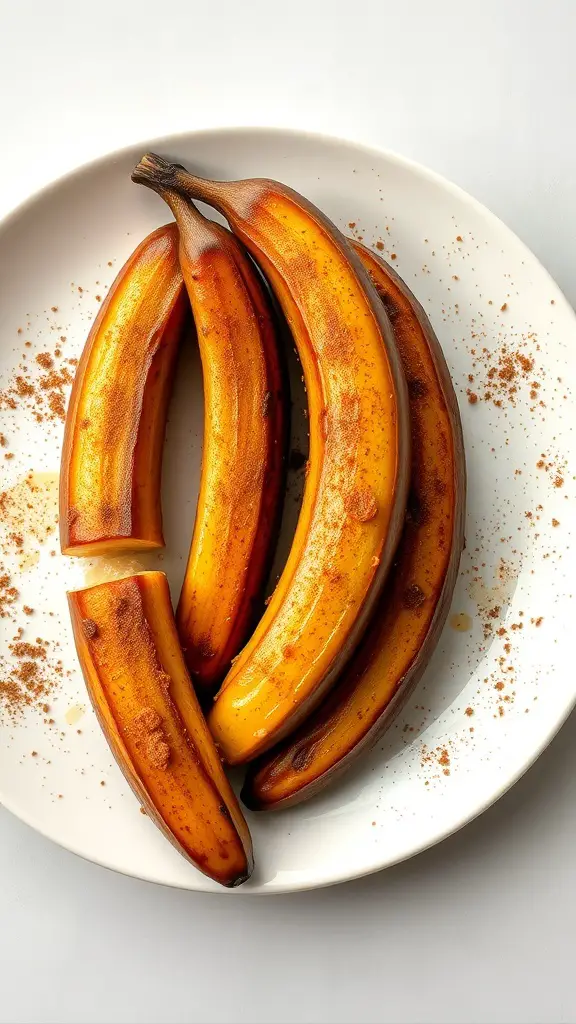 A plate of caramelized bananas with a sprinkle of cinnamon.