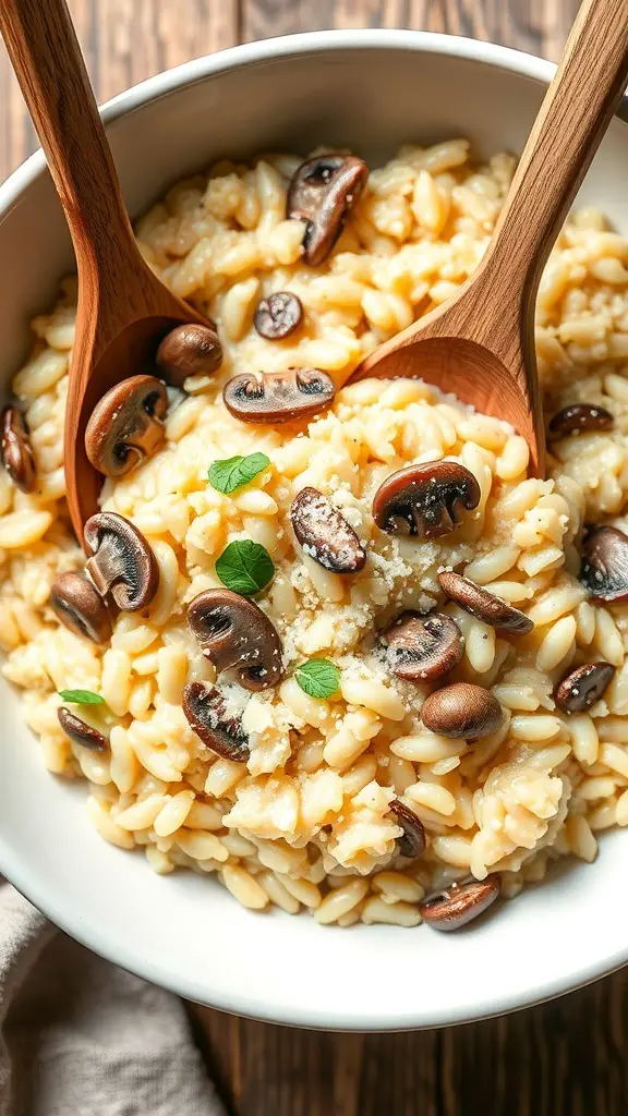 A bowl of mushroom risotto with Parmesan cheese and wooden spoons.