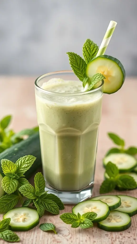 A refreshing cucumber mint smoothie in a glass, garnished with cucumber slices and mint leaves.