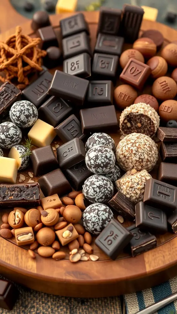 A beautifully arranged chocolate charcuterie board featuring dark chocolate squares, nuts, dried fruits, and truffles.