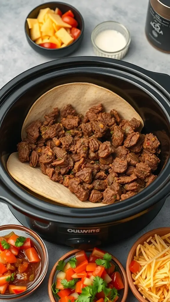 Slow cooker filled with seasoned beef and tortillas, surrounded by fresh toppings for tacos.