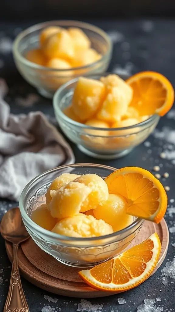Orange Ginger Sorbet served in glass bowls with orange slices