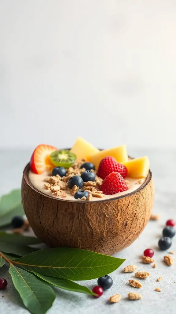 A colorful raw vegan smoothie bowl with fruits and granola in a coconut bowl