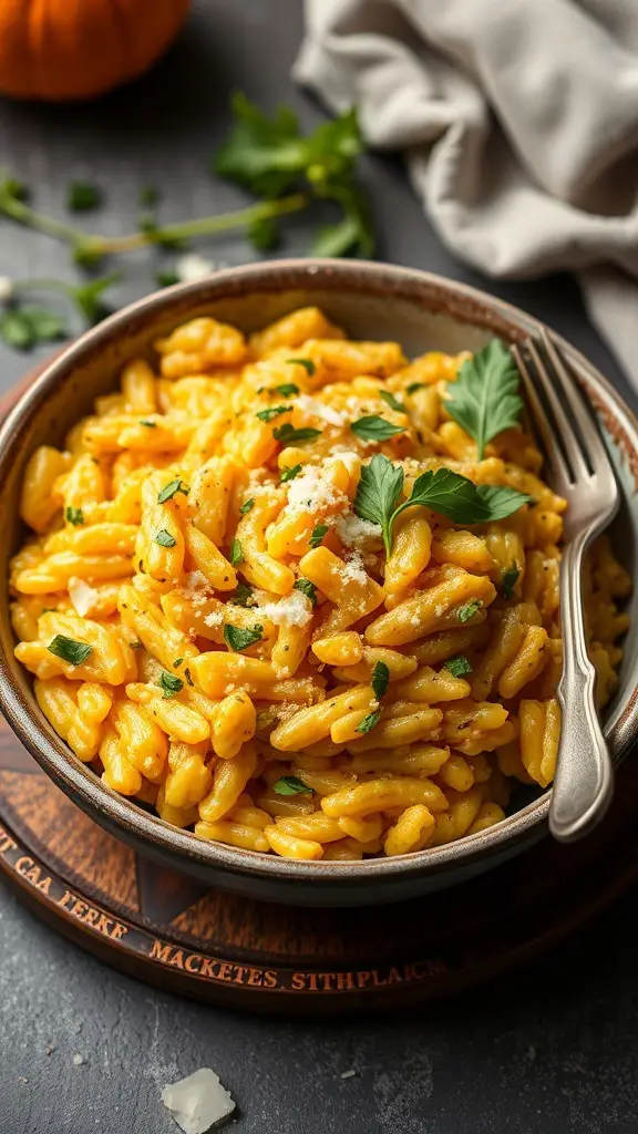 A bowl of creamy pumpkin risotto garnished with herbs, showcasing a rich golden color.