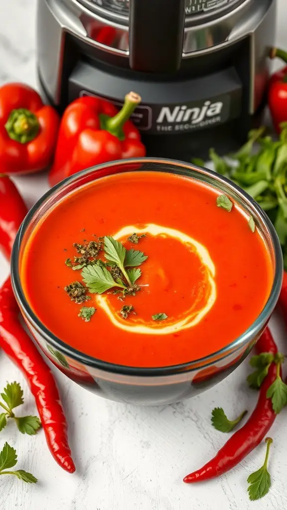 A bowl of roasted red pepper soup garnished with herbs, surrounded by fresh red peppers and a Ninja blender.