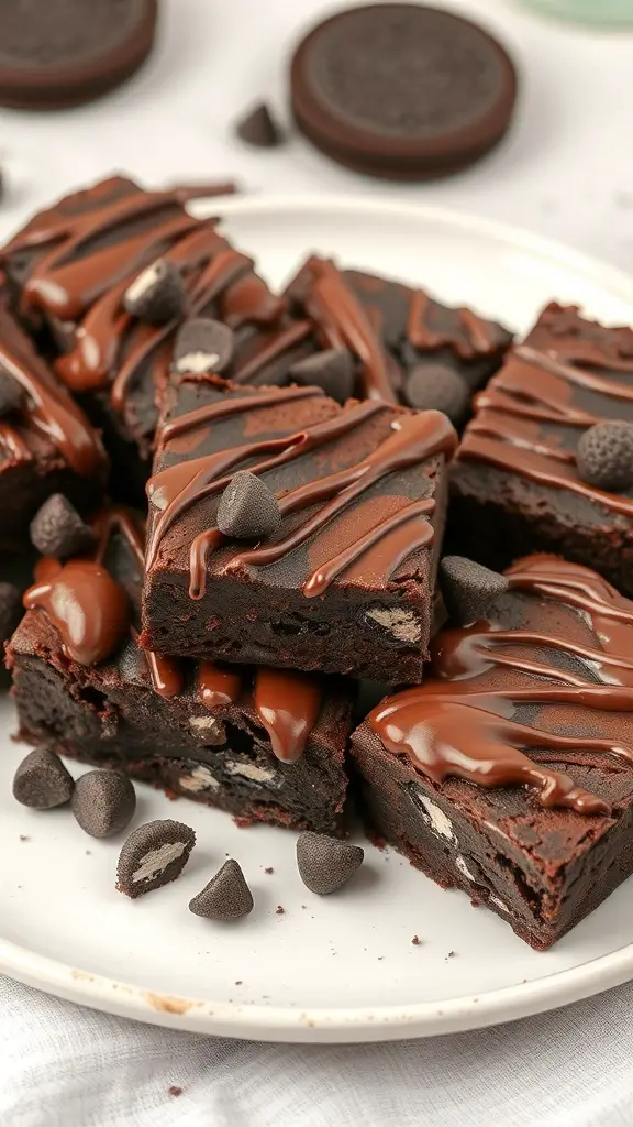 A plate of Oreo brownies drizzled with chocolate and topped with Oreo pieces.