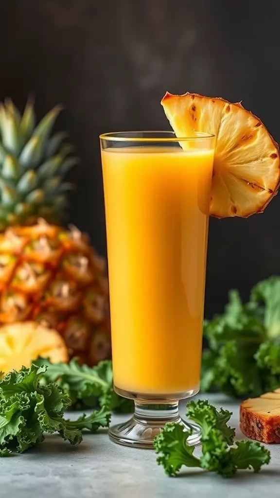 A glass of pineapple kale juice with a slice of pineapple on the rim, surrounded by fresh kale and a whole pineapple.